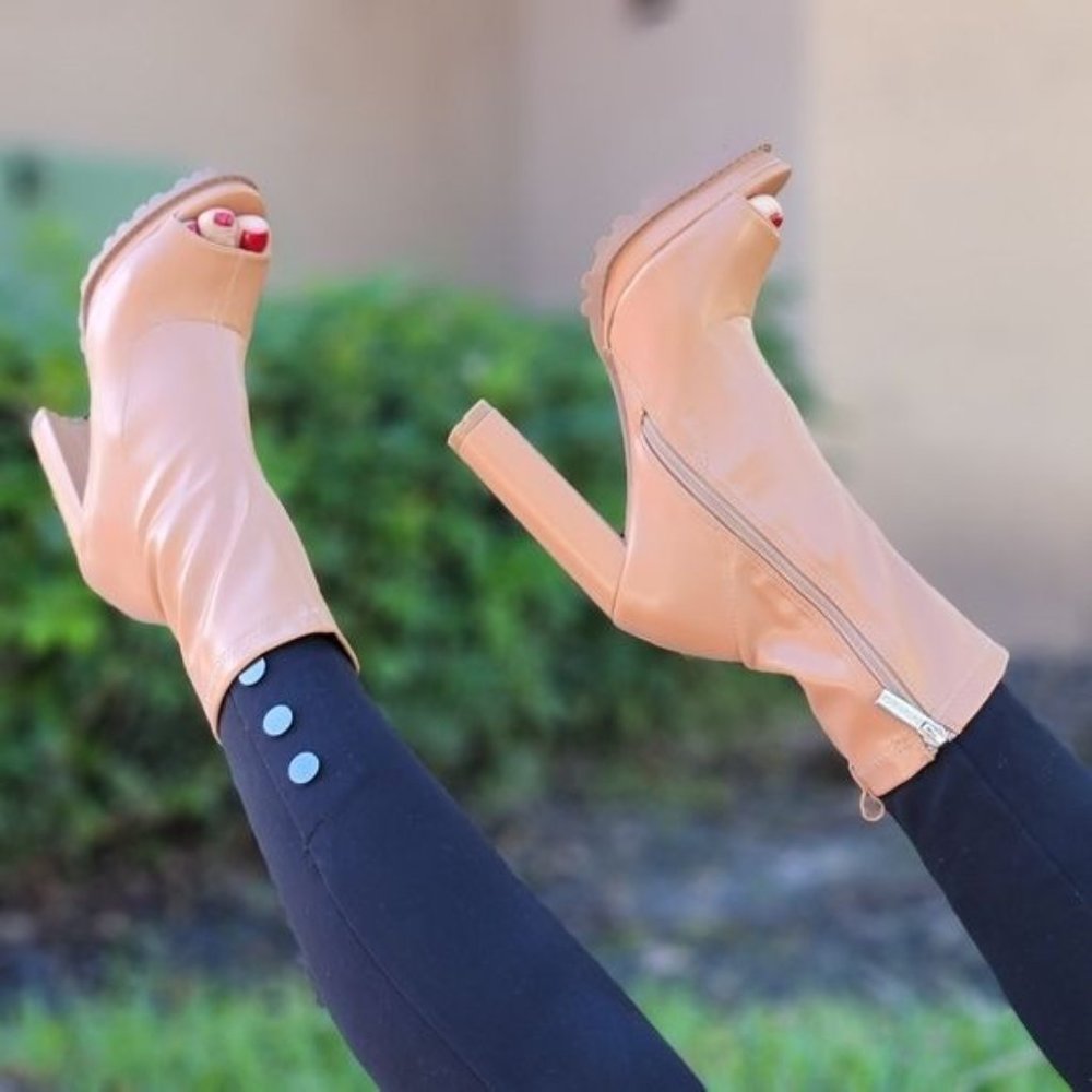 Women's Nude Chunky Heel Peep Open Toe Ankle Bootie - Picture 5 of 7